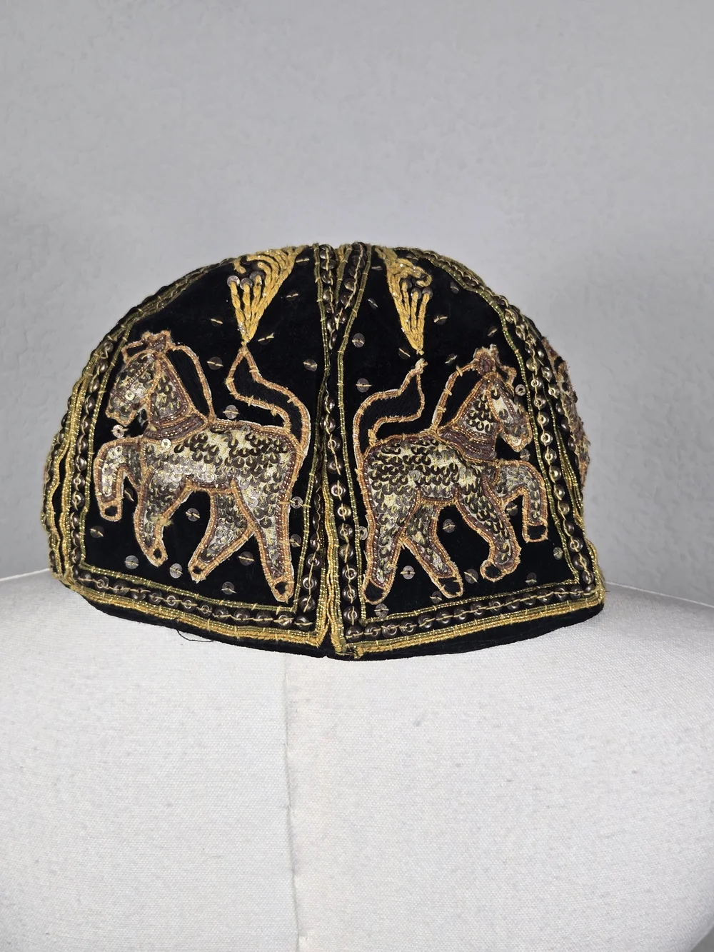 Vintage 80s Thai Velvet Embroidered Sequin Horse Equestrian Artisan Baseball Cap